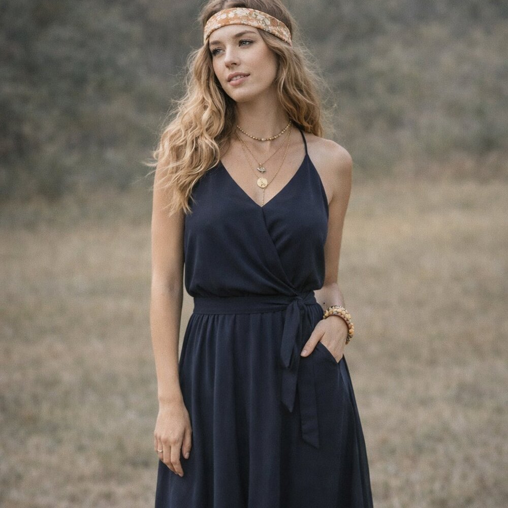 Banana Republic Factory Navy Blue Handkerchief Hem Belted Midi Dress Boho 70s